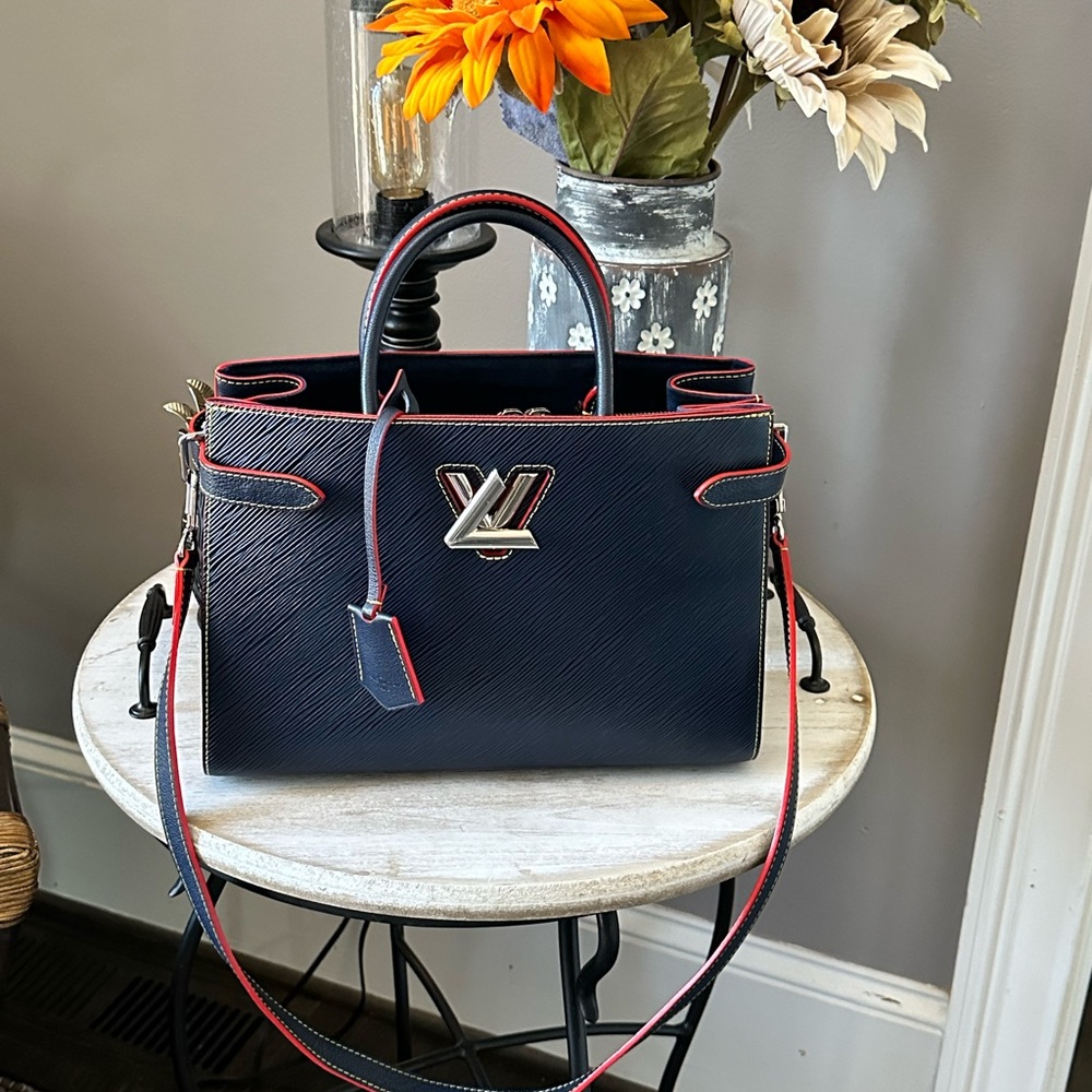 Louis Vuitton Blue NAVY w Red Trim Epi Leather Twist Tote NEW Condition